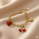 Cherry Strawberry Heart Charm Chain Bracelet